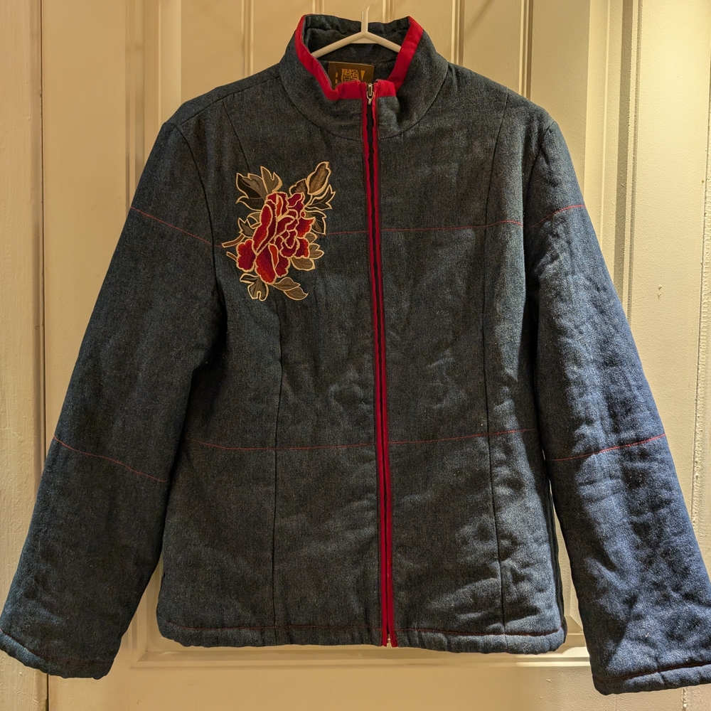 Y2K Blue Jacket with Red Floral Embroidery